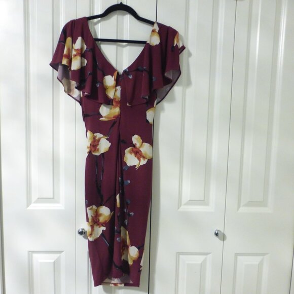 LE-CHATEAU burgundy floral print midi dress with cinched side - Picture 2 of 7